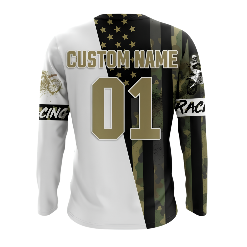 Custom Camouflage American Flag Motocross Long Sleeve Racing Jersey For Men, Custom Camo Patriotic Dirt Bike Shirts MZ0131