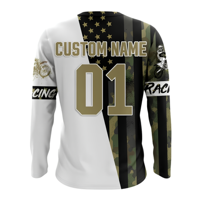 Custom Camouflage American Flag Motocross Long Sleeve Racing Jersey For Men, Custom Camo Patriotic Dirt Bike Shirts MZ0131