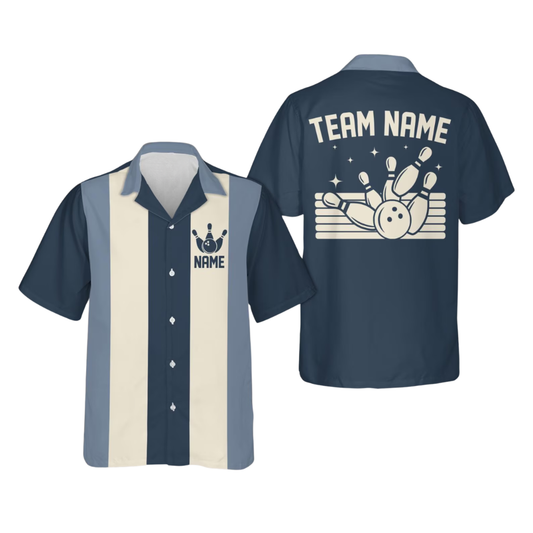 Custom Retro Blue Bowling Hawaiian Shirt For Men, Custom Team Retro Bowling Shirts BE0219