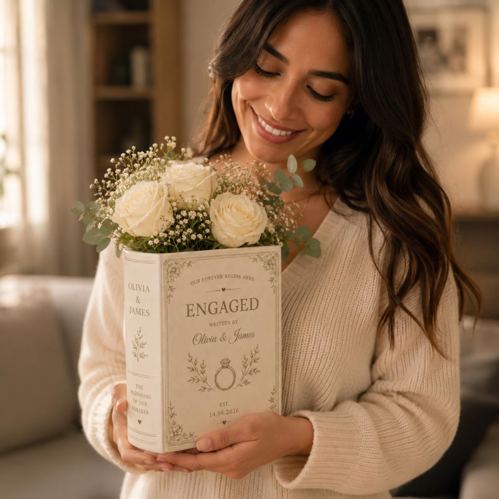 Personalized Engaged Ceramic Book Vase, Custom Engagement Book Vase WD0628