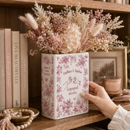 Custom Engaged Green Toile De Jouy Ceramic Book Vase, Custom Engagement Book Vase WD0615