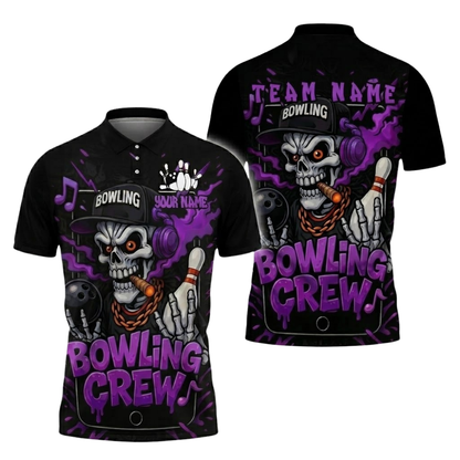 Custom Skeketon DJ Bowling Crew Polo Shirt For Men, Custom Skull Bowling Team Shirts BZ0833
