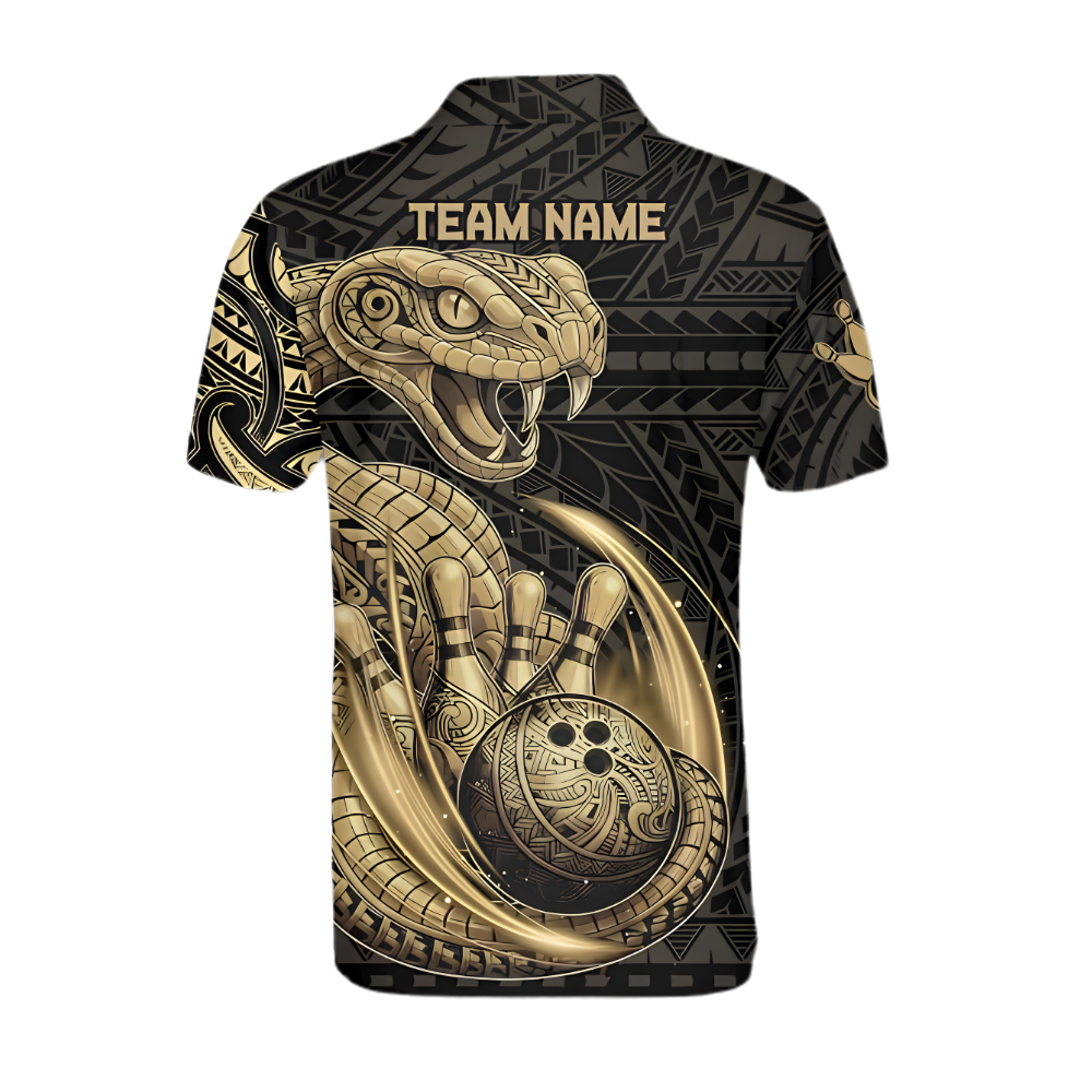 Custom Snake Black Gold Tribal Bowling Polo Shirt For Men, Custom Snake Bowling Team Shirts BZ0963