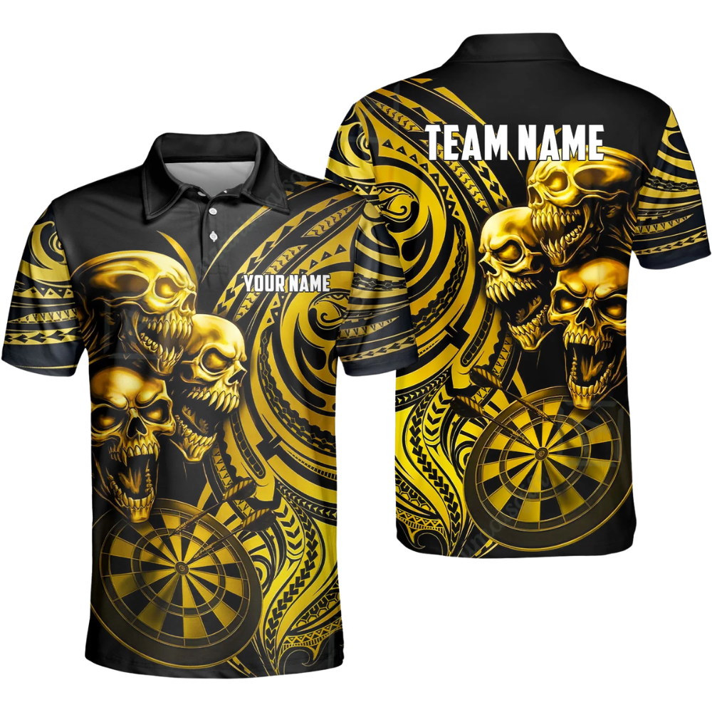 Custom Skeleton Black And Cyan Darts Mens Polo Shirt, Custom Skull Dart Shirt For Team DZ0102