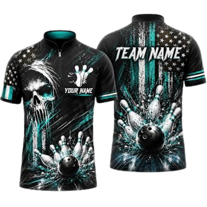 Custom Skull USA Flag Mens Bowling Jersey Black Red, Custom Skull Team Bowling Shirt BZ0954