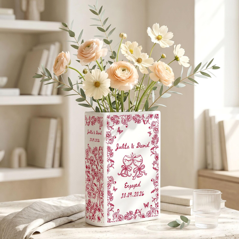 Custom Couple Name  Engeged Toile De Jouy Ceramic Book Vase, Personalized Engagement Book Vase WD0624