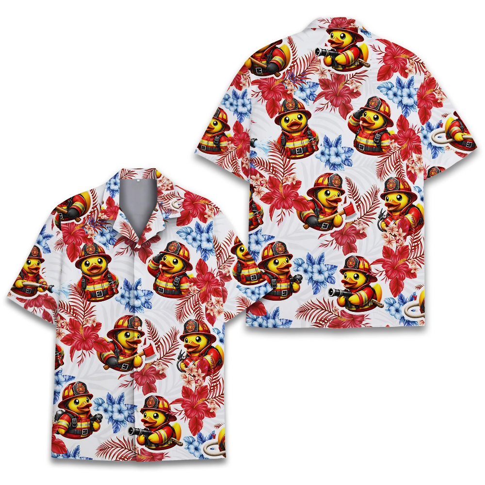Funny Duck Firefighter Tropical Men's Hawaiian Shirt, Firefighter Hawaiian Shirt HE0652