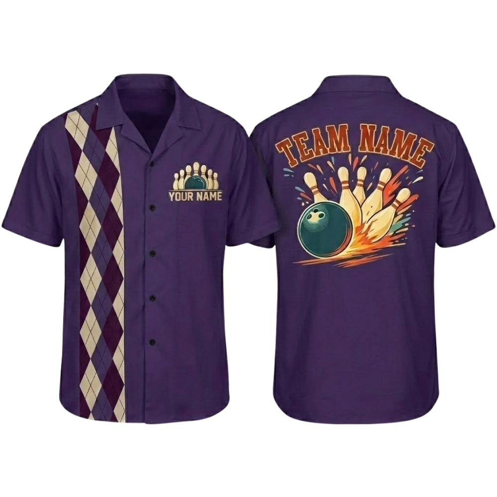 Custom Argyle Retro Navy Bowling Hawaiian Shirt Mens, Custom Team Retro Bowling Shirt BZ0797