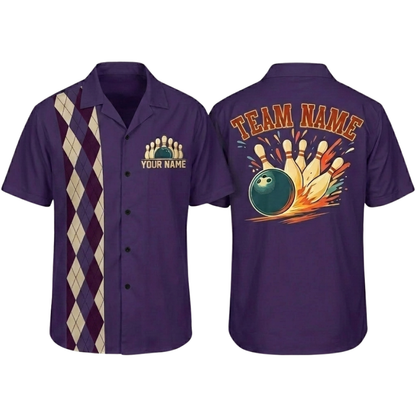 Custom Argyle Retro Navy Bowling Hawaiian Shirt Mens, Custom Team Retro Bowling Shirt BZ0797