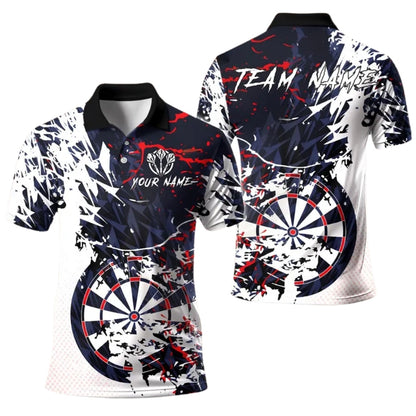 Custom Team Grunge White Blue Dart Polo Shirt For Men, Custom Darts Shirts DE0087