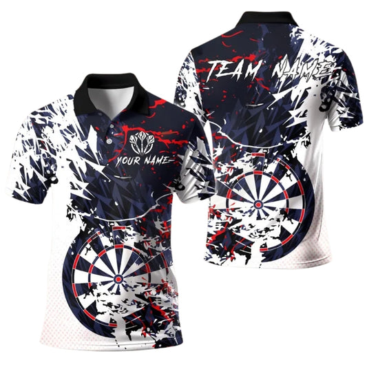 Custom Team Grunge White Blue Dart Polo Shirt For Men, Custom Darts Shirts DE0087
