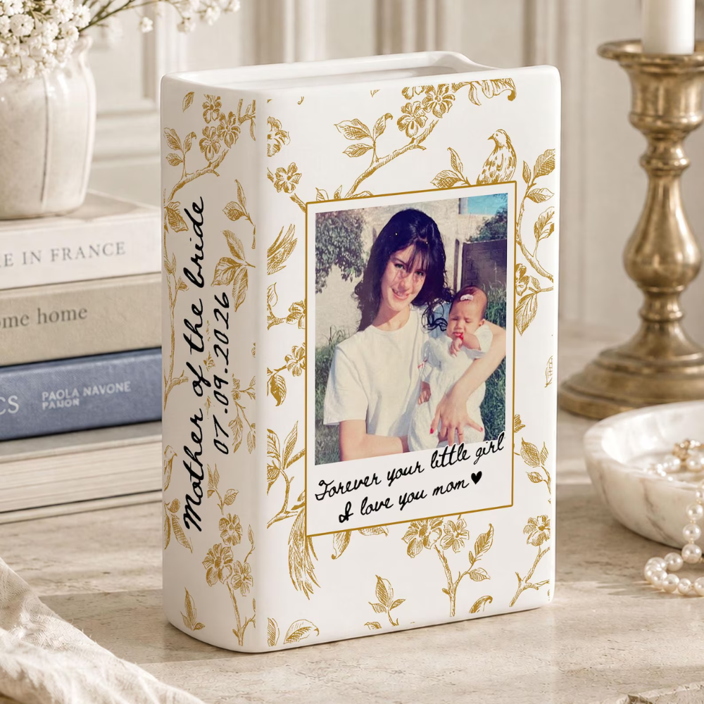 Forever Your Little Girl Custom Photo Mother of The Bride Ceramic Book Vase, Custom Wedding Book Vase For Mother Of The Bride WD0635