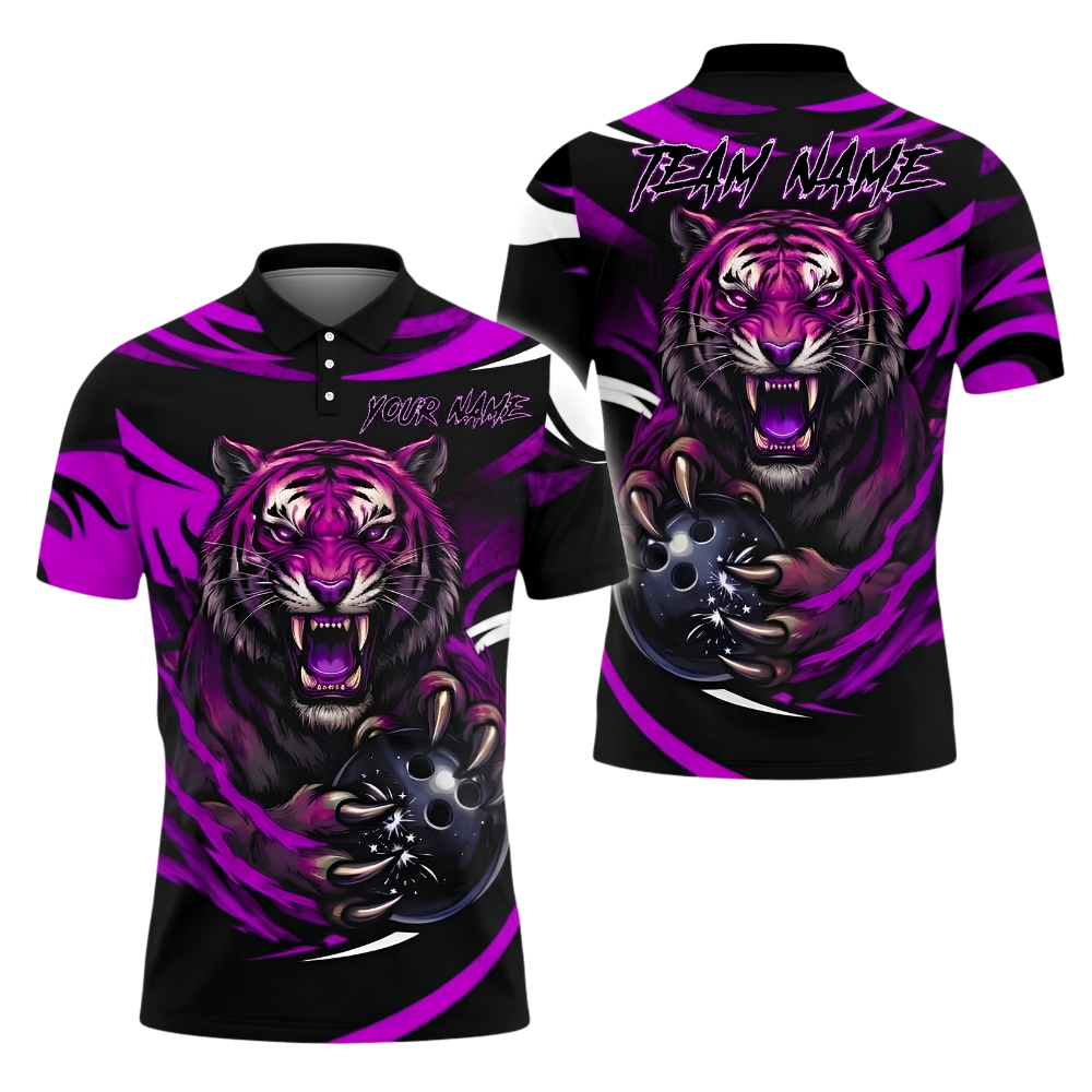 Custom Tiger Men's Black Orange Bowling Polo Shirt, Custom Tiger Team Bowling Shirt BZ1017