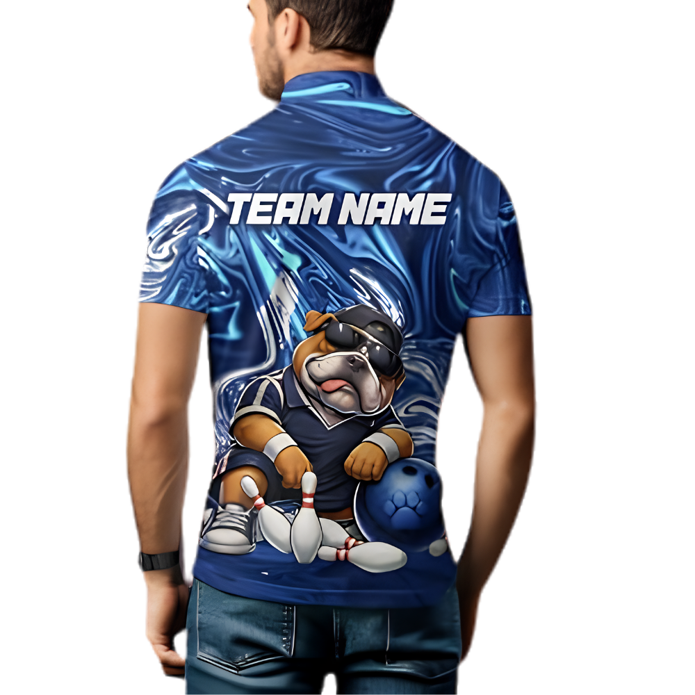 Bulldog Custom Mens Blue Bowling Jersey, Custom Bulldog Bowling Team Shirt BZ0884