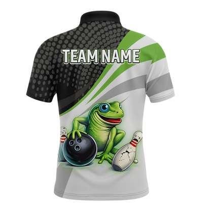 Funny Frog Custom Mens Green Bowling Polo Shirt, Custom Frog Team Bowling Shirt BZ1003