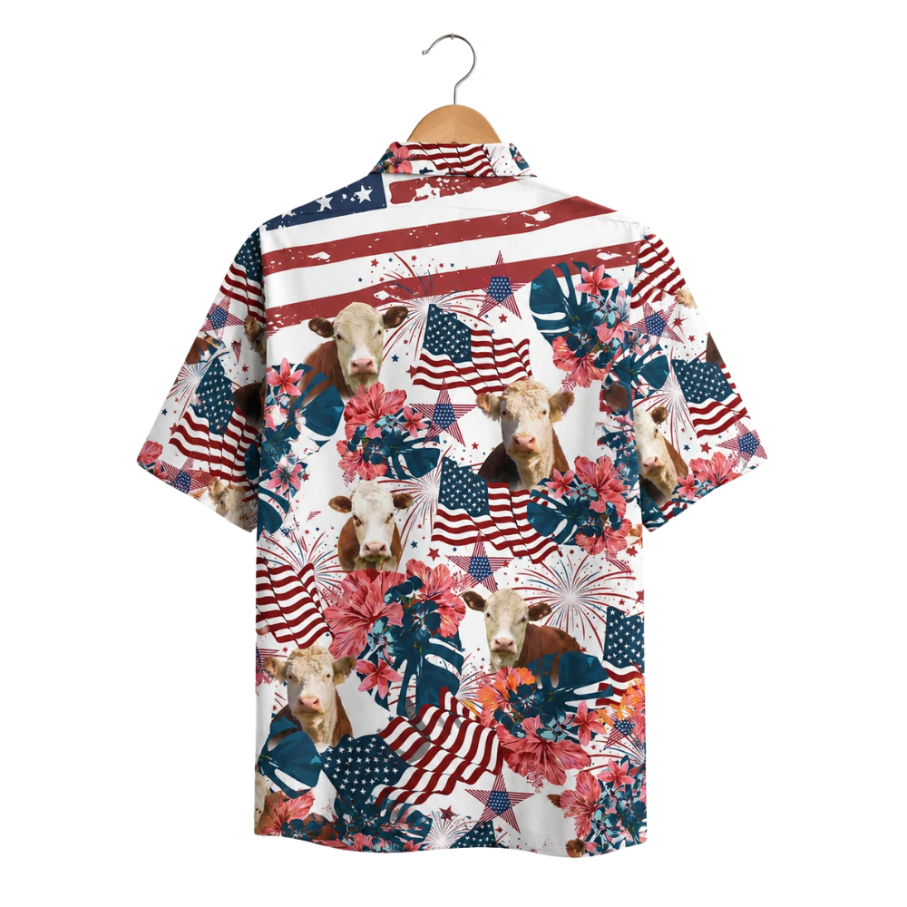 Hereford Cow USA Flag Hawaiian Shirt For Men, Cow Lover Patriotic Hawaiian Shirt HE0697