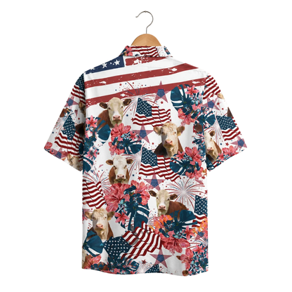 Hereford Cow USA Flag Hawaiian Shirt For Men, Cow Lover Patriotic Hawaiian Shirt HE0697