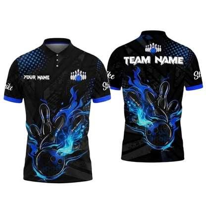 Custom Black And Teal Flame Bowling Polo Shirt For Men, Custom Flame Bowling Team Shirt BZ0846