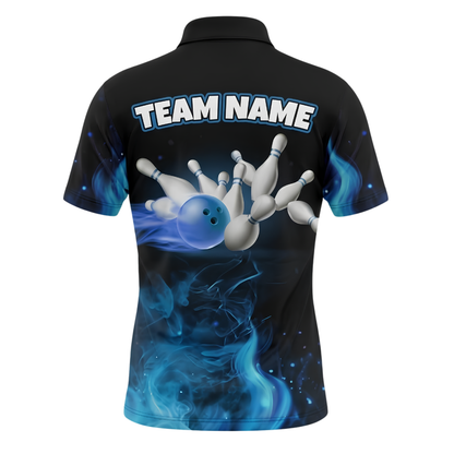 Custom Ghost Blue Flame Bowling Mens Polo Shirt, Custom Halloween Bowling Team Shirt BZ1006