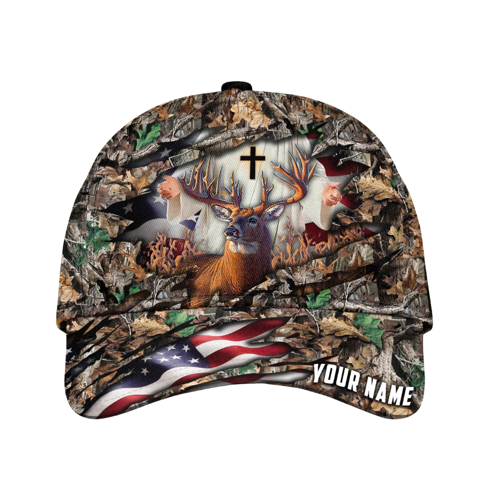 Deer Hunting Custom Cross American Flag Baseball Cap, Custom Christian Deer Cap Hat For Hunter CP0555
