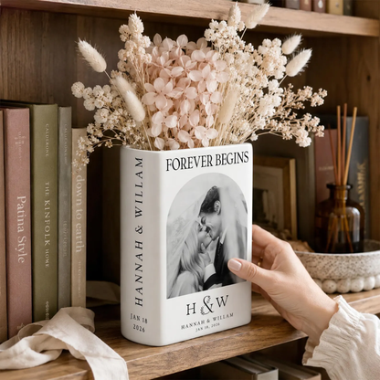 Forever Begins Custom Wedding Photo Ceramic Book Vase, Custom Wedding Book Vase With Picture WD0625