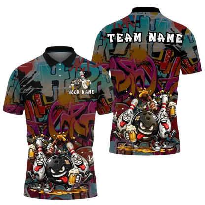 Funny Pins And Ball Custom Mens Graffiti Bowling Polo Shirt, Custom Funny Bowling Team Shirt BZ0866