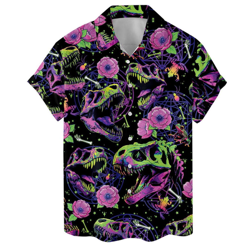 Dinosaur Skeleton Floral Hawaiian Shirt For Men, Skull Dinosaur Hawaiian Shirt HE0624