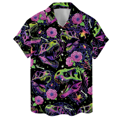 Dinosaur Skeleton Floral Hawaiian Shirt For Men, Skull Dinosaur Hawaiian Shirt HE0624