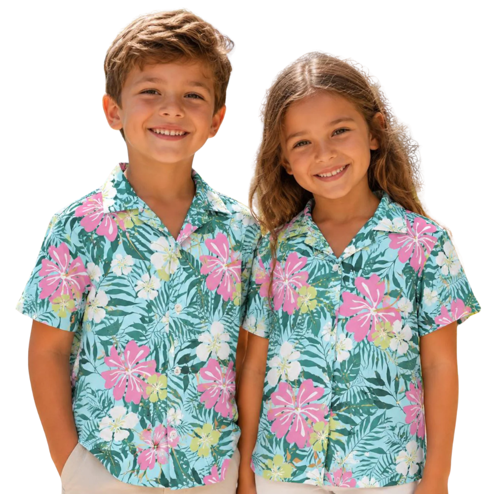 Tropical Floral Pink Cyan Matching Family Hawaiian Shirt, Tropical Family Hawaiian Shirts ET1092