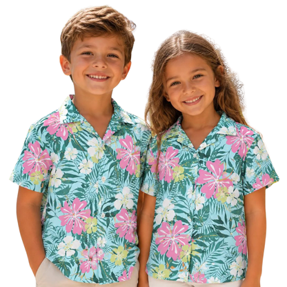 Tropical Floral Pink Cyan Matching Family Hawaiian Shirt, Tropical Family Hawaiian Shirts ET1092