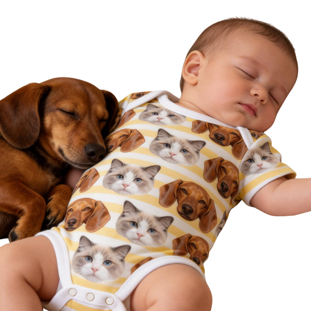Custom Cat Faces Stripes Baby Bodysuit, Custom Pet Photo Bodysuit For Baby BB0448