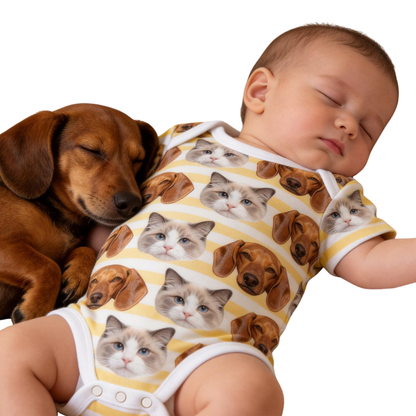 Custom Cat Faces Stripes Baby Bodysuit, Custom Pet Photo Bodysuit For Baby BB0448