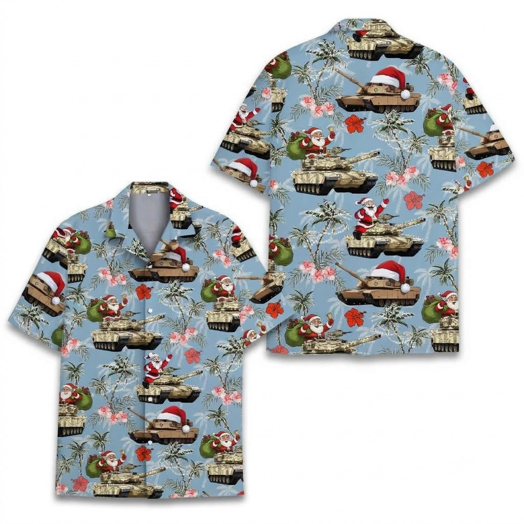 Tank Santa Tropical Hawaiian Shirt For Men, Tank Christmas Hawaiian Shirt For Veteran HE0889