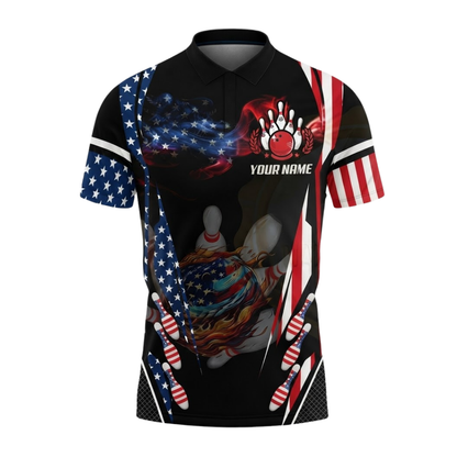 Fire Ball American Flag Custom Mens Bowling Polo Shirt, Custom Patriotic Bowling Shirt For Team BZ0796