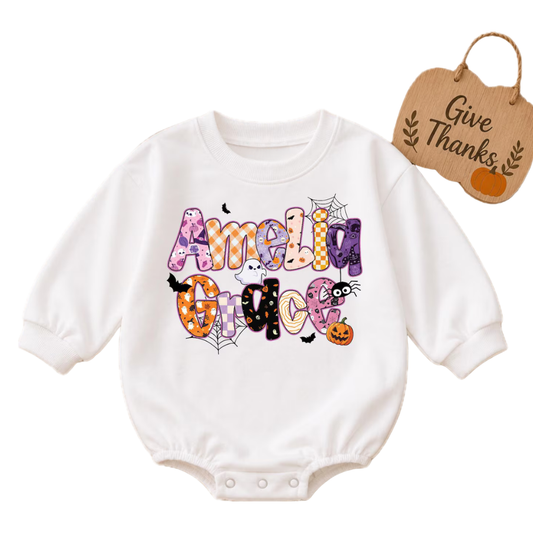 Custom Name Halloween Baby Romper Sweatshirt, Custom Halloween Romper Sweatshirt Baby BB0860