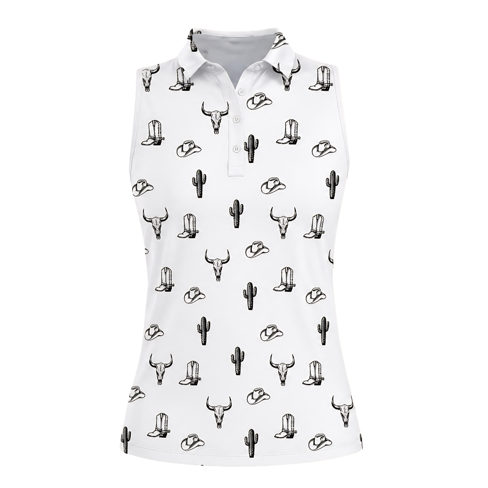 Cactus Cowgirl White Sleeveless Golf Shirt Women, Western Golf Shirts For Ladies GZ0270