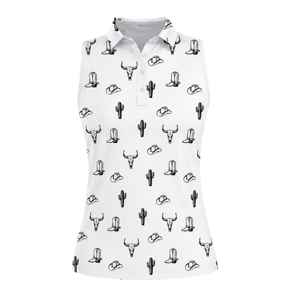 Cactus Cowgirl White Sleeveless Golf Shirt Women, Western Golf Shirts For Ladies GZ0270