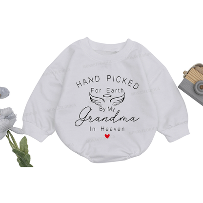 Personalized Hand Picked For Earth By My Grandma In Heaven Baby Romper Sweatshirt, Custom Memorial Baby Romper Sweatshirt BB0041