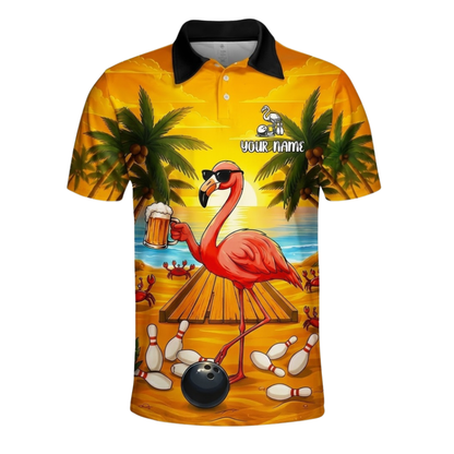 Custom Flamingo Drinking Beer Bowling Mens Polo Shirts, Custom Flamingo Bowling Team Shirts BZ1103