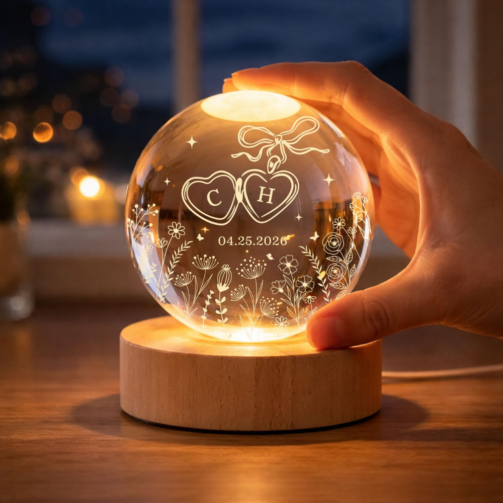 Custom Engaged Couple Name Crystal Ball Led Night Light, Custom Engagement Night Light WD0858