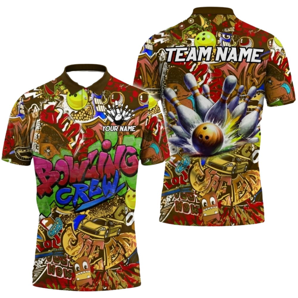Custom Bowling Crew Graffiti Bowling Mens Polo Shirt, Custom Team Bowling Shirts BZ0664