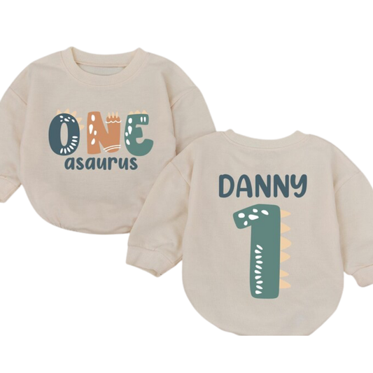 Personalized One Asaurus Birthday Baby Romper Sweatshirt, Custom Baby Dinosaur 1st Birthday Romper Sweatshirt BB0085