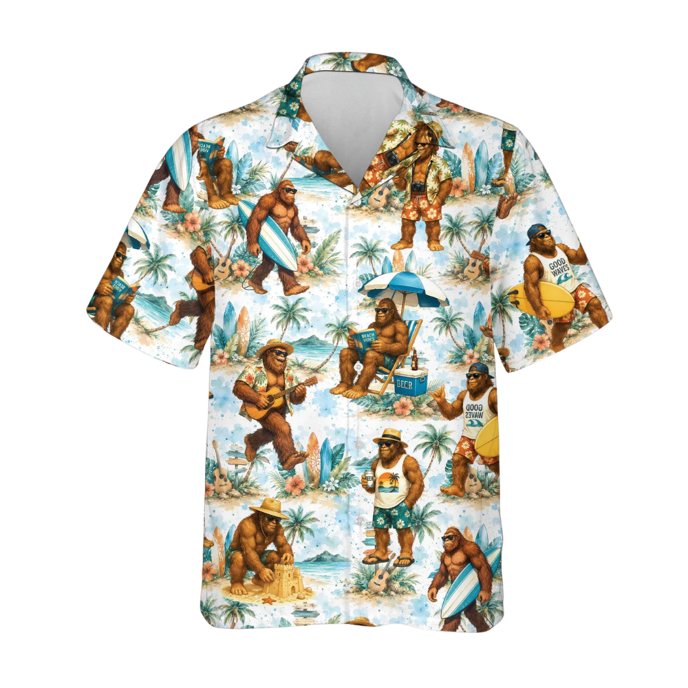 Bigfoot Surfing Beach Men's Hawaiian Shirt, Sasquatch Tropical Hawaiian Shirts HE0588