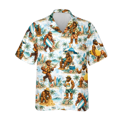 Bigfoot Surfing Beach Men's Hawaiian Shirt, Sasquatch Tropical Hawaiian Shirts HE0588