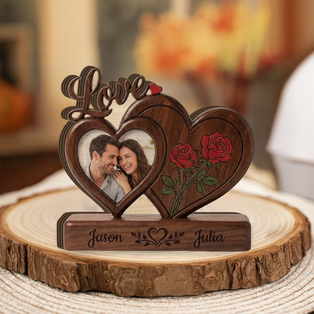Custom Photo Couple Heart Layer Wooden Plaque, Personalized Couple Anniversary Wooden Block With Picture WD0930