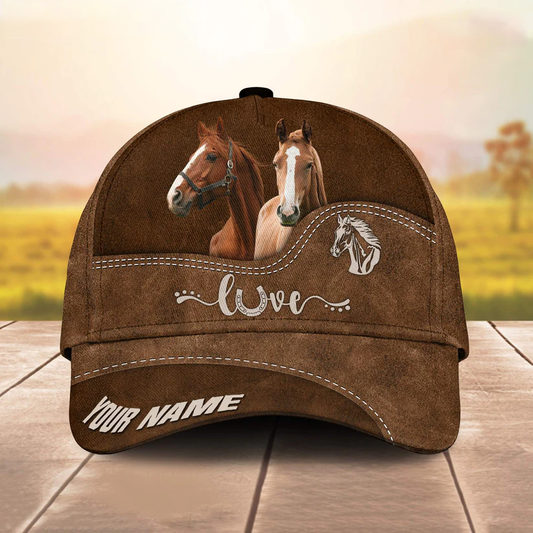 Brown Horse Love Leather Pattern Customized Name Cap CA0168