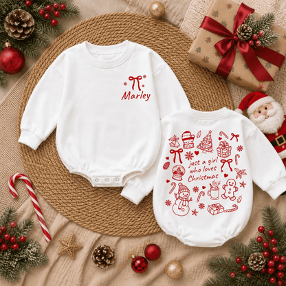 Just A Girl Who Loves Christmas Custom Baby Name Romper Sweatshirt, Personalized Christmas Romper Sweatshirt Baby BB0969