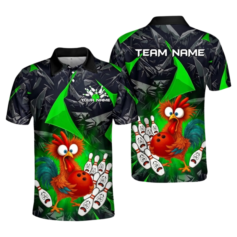 Custom Red Funny Chicken Men's Bowling Polo Shirts, Custom Chicken Bowling Team Shirts BZ1082
