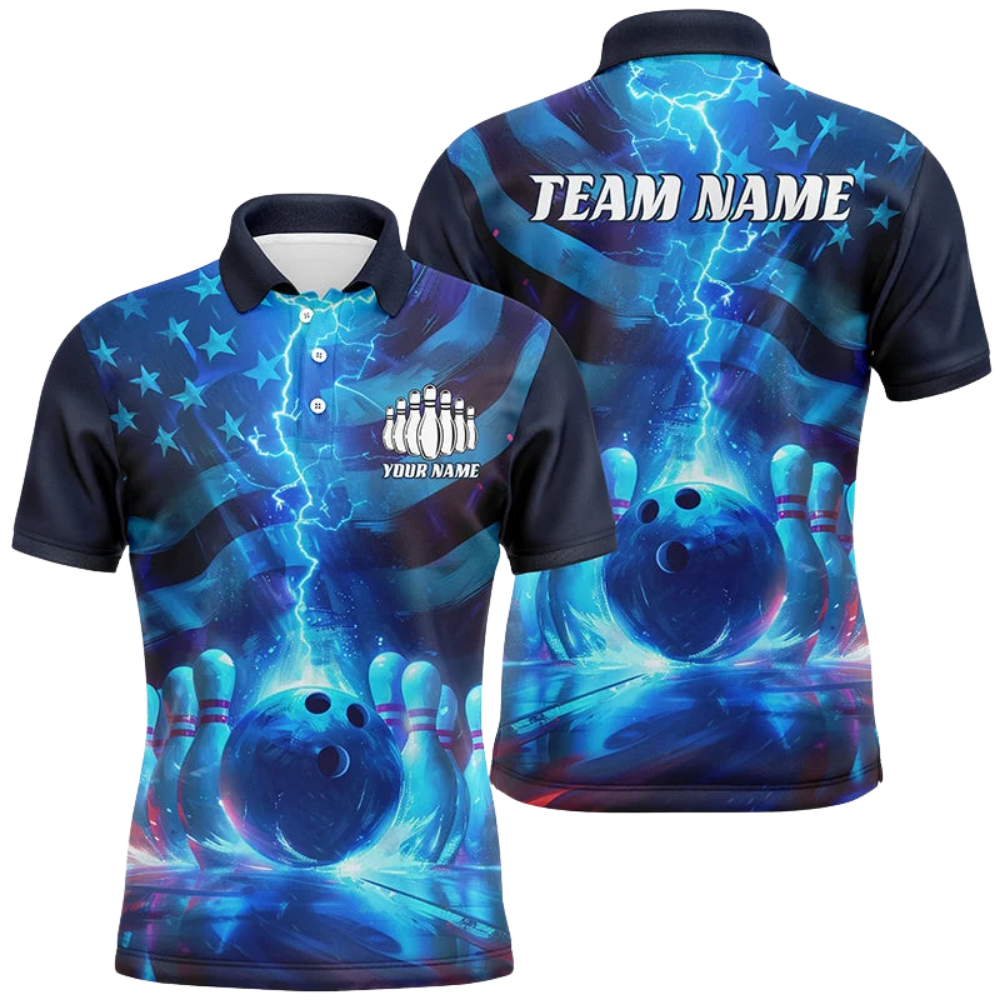 Custom American Flag Thunder Blue Bowling Polo Shirt Men, Custom Patriotic Bowling Shirt Team BZ0765