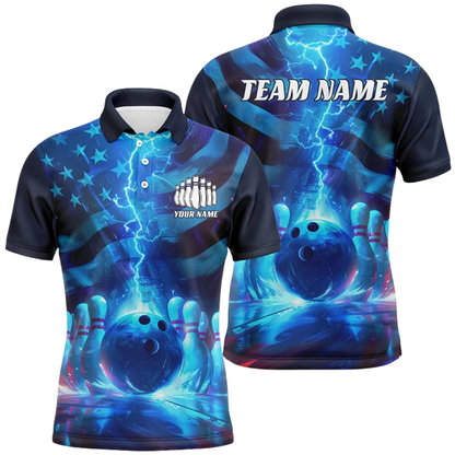 Custom American Flag Thunder Blue Bowling Polo Shirt Men, Custom Patriotic Bowling Shirt Team BZ0765